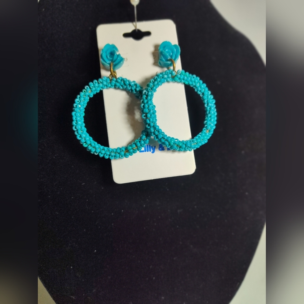 Lilly ,& Lib Turquoise Blue Beaded Hoop Earrings NWT